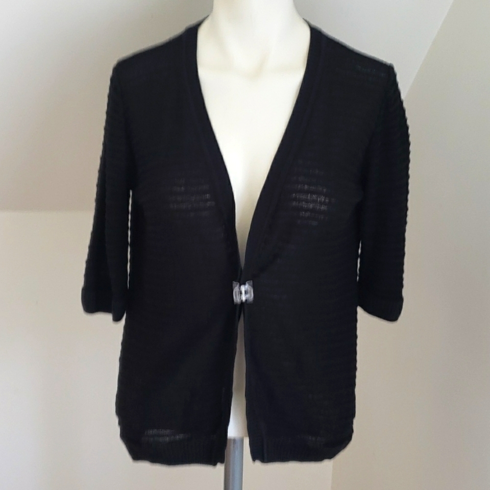 AB STUDIO Black Loose Knit Open Front Cropped Shrug Cardigan Sweater, Size S